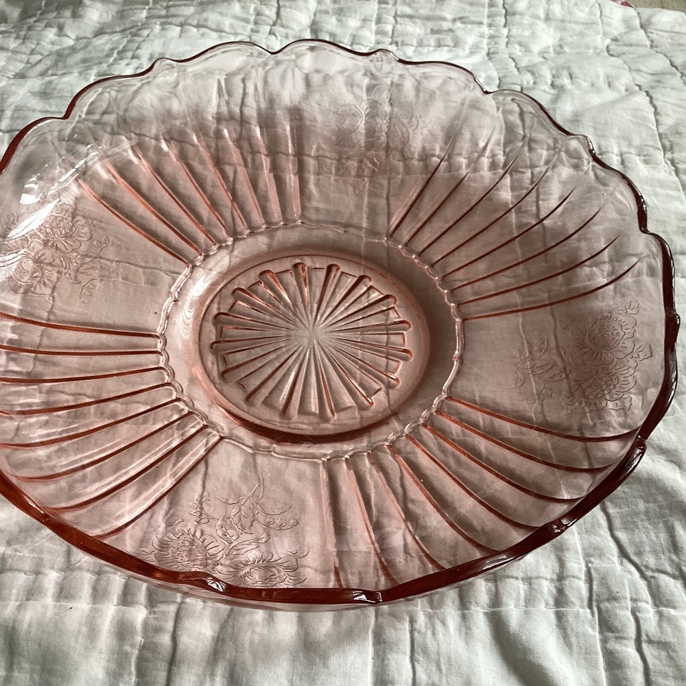 PINK DEPRESSION GLASS MAYFAIR OPEN ROSE LARGE LOW BOWL/SIDED SERVING PLATTER 12’